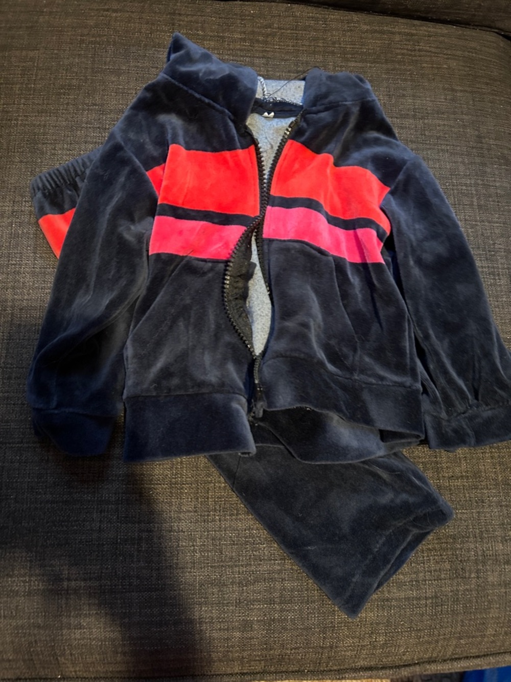 Kids Navy Velour Track Suit Jacket with Red Stripe 2T